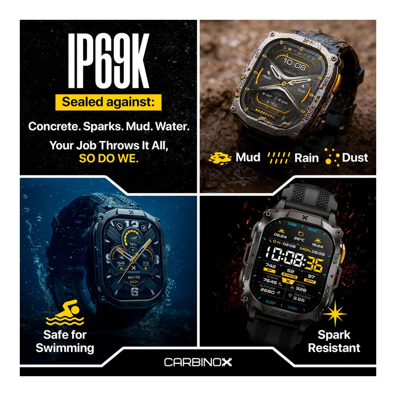 CARBINOX Edge Smart Watch Rugged con AMOLED, acero inoxidable, resistencia IP69K/5ATM, rastreadores de fitness, GNSS