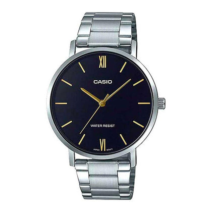 Reloj analógico Casio MTP-VT01D-1B minimalista con esfera negra y correa de acero inoxidable, movimiento de cuarzo