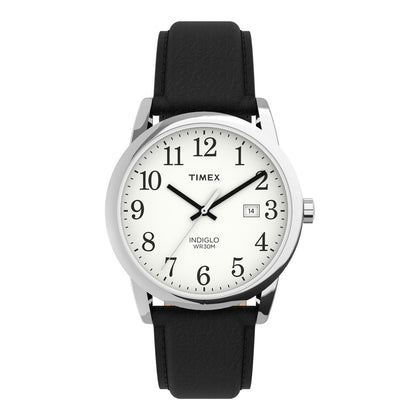 Timex Reloj Easy Reader para hombre en cuero negro, con fecha y luz Indiglo, resistente al agua, con movimiento de cuarzo