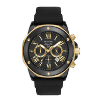 Reloj de cuarzo Bulova Marine Star Series A con cronógrafo, acero inoxidable ionizado en oro negro/rosa, correa de silicona negra