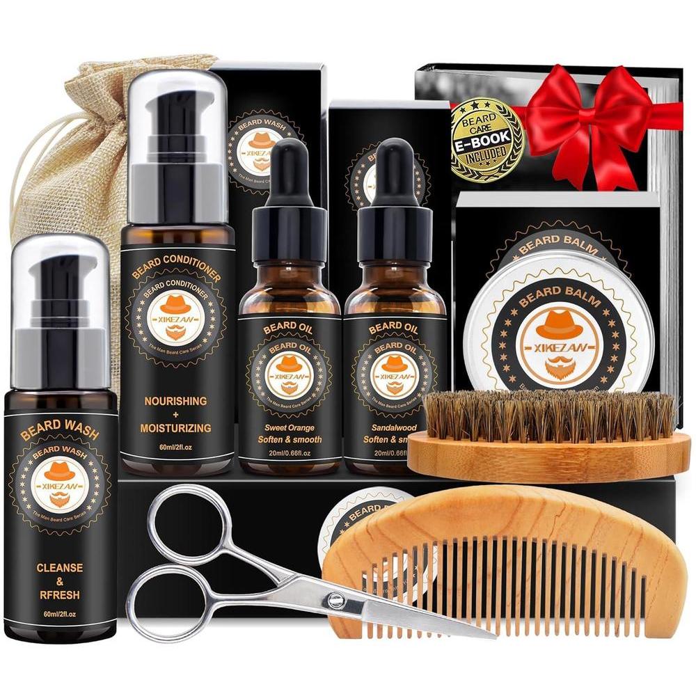 Kit completo XIKEZAN para barba con acondicionador, aceite, bálsamo, cepillo, peine, tijeras, bolsa de viaje y libro electrónico