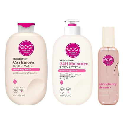 eos Essentials Bundle - Gel de baño, niebla corporal y loción corporal aroma Strawberry Dream