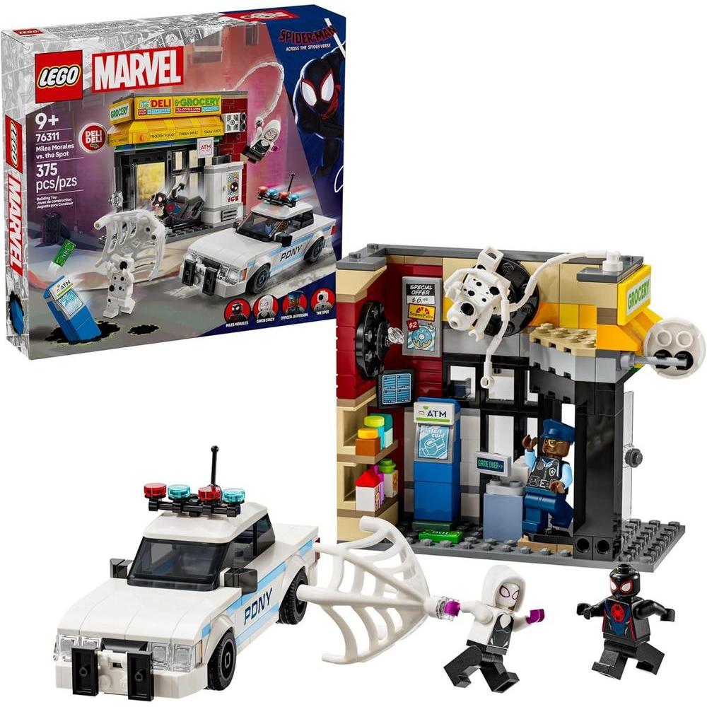 LEGO Marvel Spider-Verse: Enfrentamiento de Miles Morales vs The Spot con personajes y coche de policía interactivo