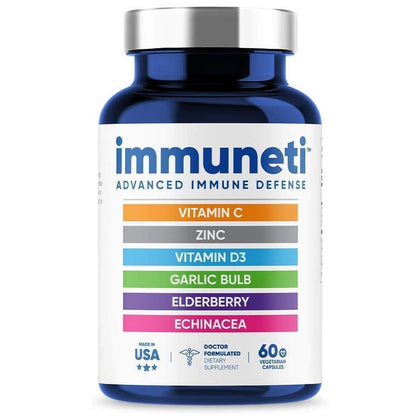 Immuneti - Defensa inmune avanzada, mezcla 6 en 1 con vitamina C, vitamina D3, zinc, saúco, ajo y equinácea