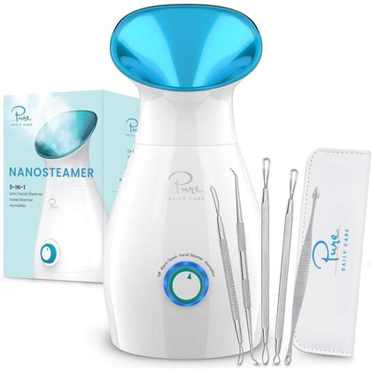 Pure Daily Care NanoSteamer Grande 3 en 1 Vaporizador Facial Nano Iónico con Control de Temperatura, Humidificador y Kit Adicional