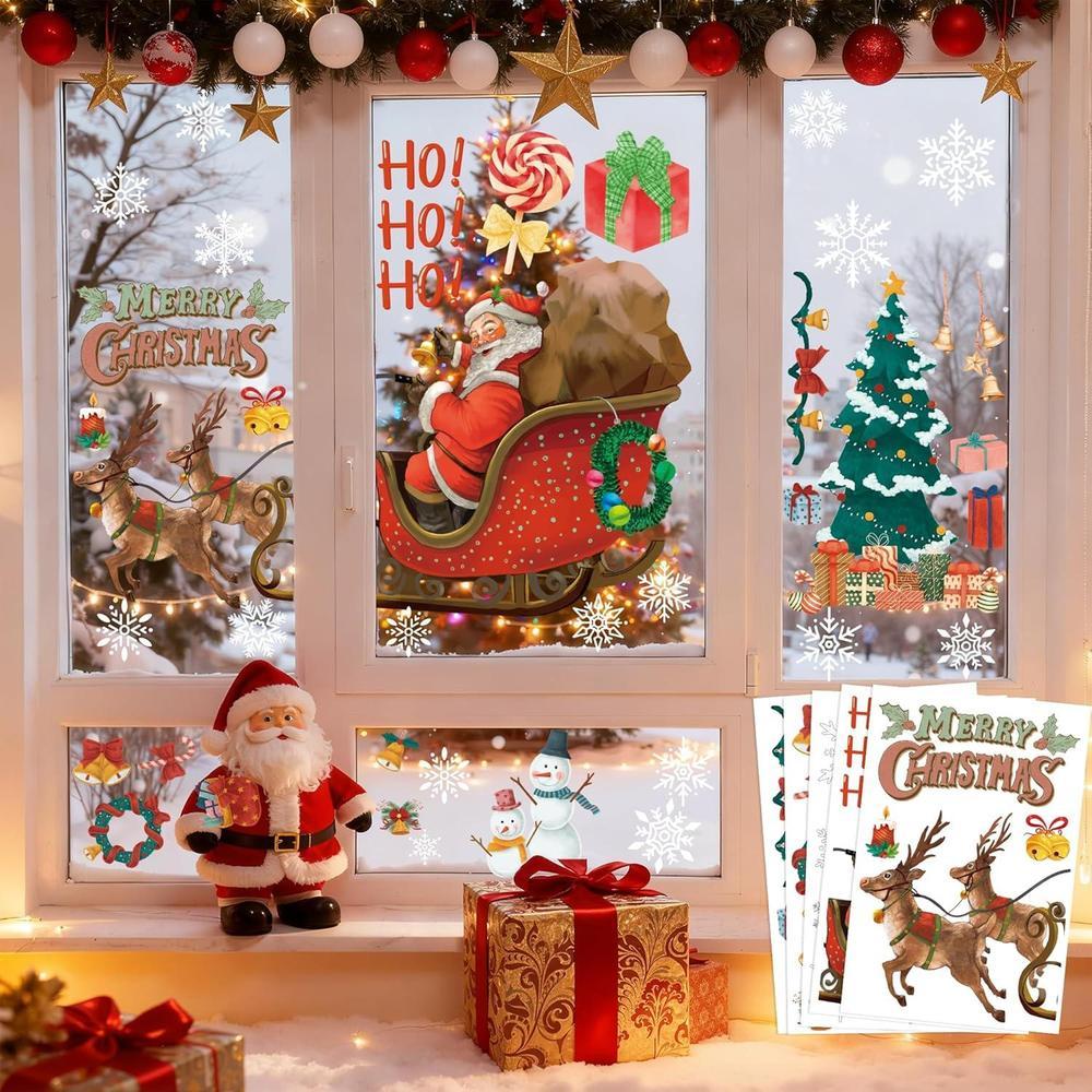 Calcomanías navideñas de copos y renos para ventanas, decoración interior y exterior, reutilizables y resistentes al agua