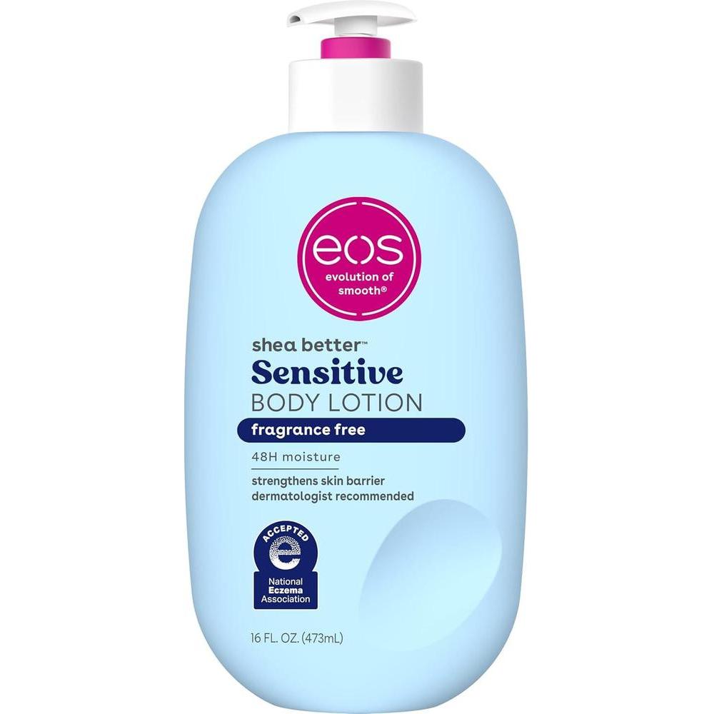 Loción corporal eos Shea Better para piel sensible con hidración de 48 horas, sin fragancia, vegana