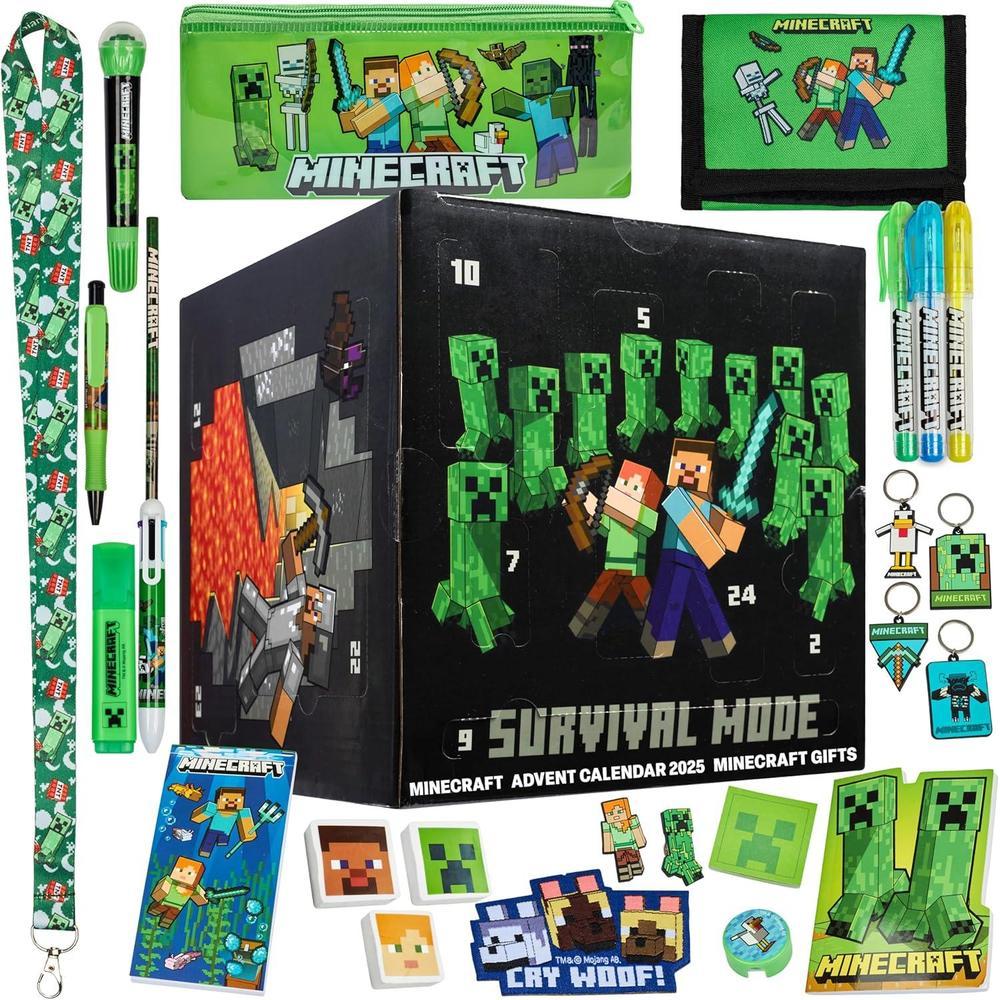 Calendario de Adviento Minecraft 2025 para niños con 24 artículos de papelería temática, ideal para regalos navideños