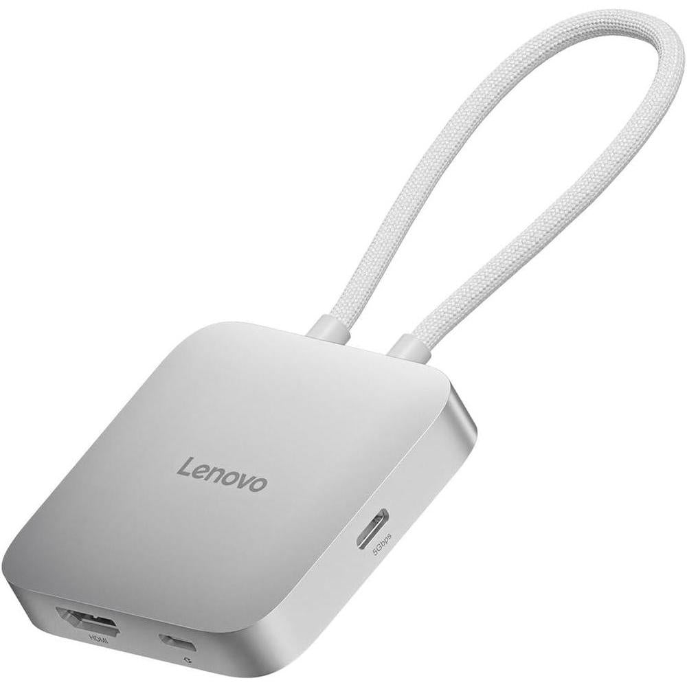 Lenovo Hub de viaje USB-C 5 en 1 con entrega de energía, HDMI 4K, puertos duales USB-C y USB-A, Plug and Play en gris plateado