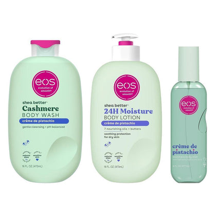 Set eos Essentials con gel, loción y niebla corporal de crème de pistachio para piel hidratada y suave, aroma delicioso