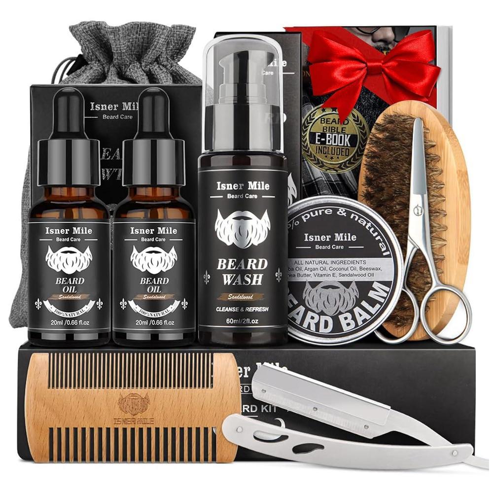 Kit de barba para hombres, incluye champú, aceite de crecimiento, bálsamo, cepillo, peine, tijeras y bolsa