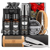 Kit de barba para hombres, incluye champú, aceite de crecimiento, bálsamo, cepillo, peine, tijeras y bolsa