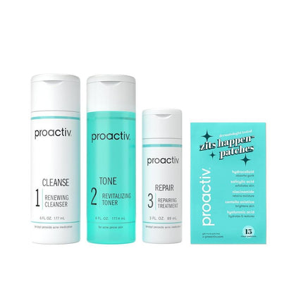 Kit completo de 90 días para cuidado del acné en 3 pasos de Proactiv con parches para espinillas y tratamiento reparador