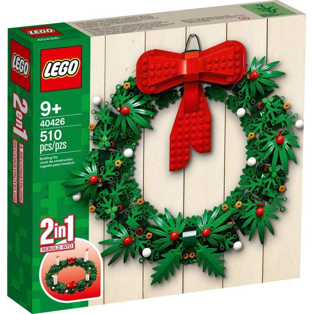 LEGO Corona icónica de Navidad 2 en 1 con lazo rojo y velas de Adviento, decoración festiva para niños y adultos