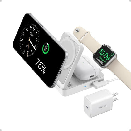 Anker MagGo Estación de Carga Inalámbrica 3 en 1 para iPhone, compatible con MagSafe, cargador plegable 15W Qi2, AirPods, Apple Watch