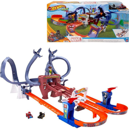 Pista Hot Wheels RacerVerse Spider-Man Web-Slinging Speedway con autos de Spider-Man y Black Panther. Carrera contra Doc Ock