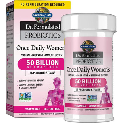 Suplemento probiótico para mujeres, formulado para salud digestiva e inmunitaria, sin gluten. Contiene 30 cápsulas
