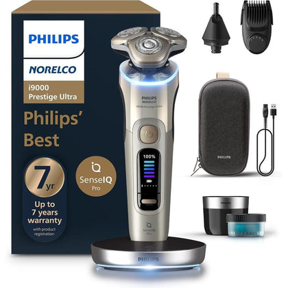Philips Norelco Shaver i9000 Prestige Ultra, afeitadora eléctrica húmedo y seco, oro blanco, tecnología SenseIQ Pro, cuchillas NanoTech