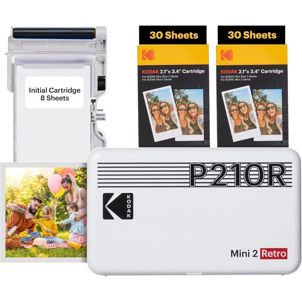 Impresora portátil KODAK Mini 2 Retro, tecnología 4PASS, incluye 68 hojas, color blanco
