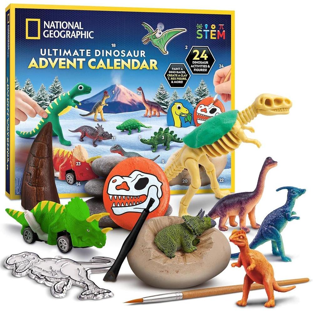 Calendario de Adviento de dinosaurios edición 2024, cuenta regresiva de Navidad con 24 actividades y figuras.
