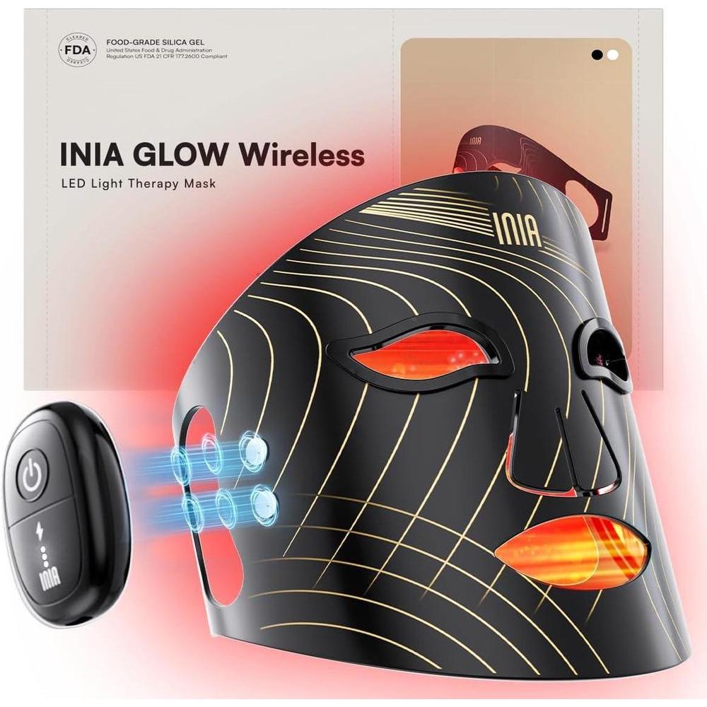 INIA Máscara de terapia de luz roja e infrarroja para rostro, LED inalámbrica, diseño ergonómico y recargable para el hogar y viajes