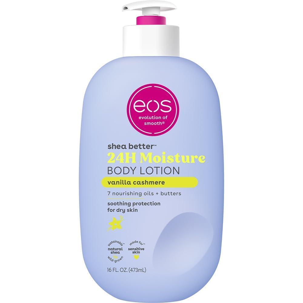 eos Shea Better Loción corporal Vanilla Cashmere, cuidado de la piel con humedad 24 horas y karité natural, vegano, ligera y no grasosa