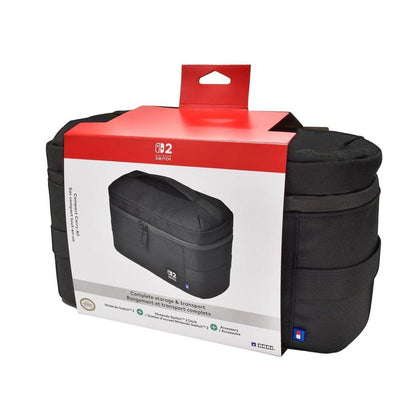 Bolsa de viaje HORI negra, equipada para transportar Nintendo Switch 2 y accesorios, con diseño elegante y robusto
