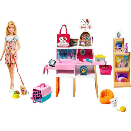 Muñeca Barbie rubia y conjunto boutique de mascotas con 4 mascotas, función de cambio de color y accesorios