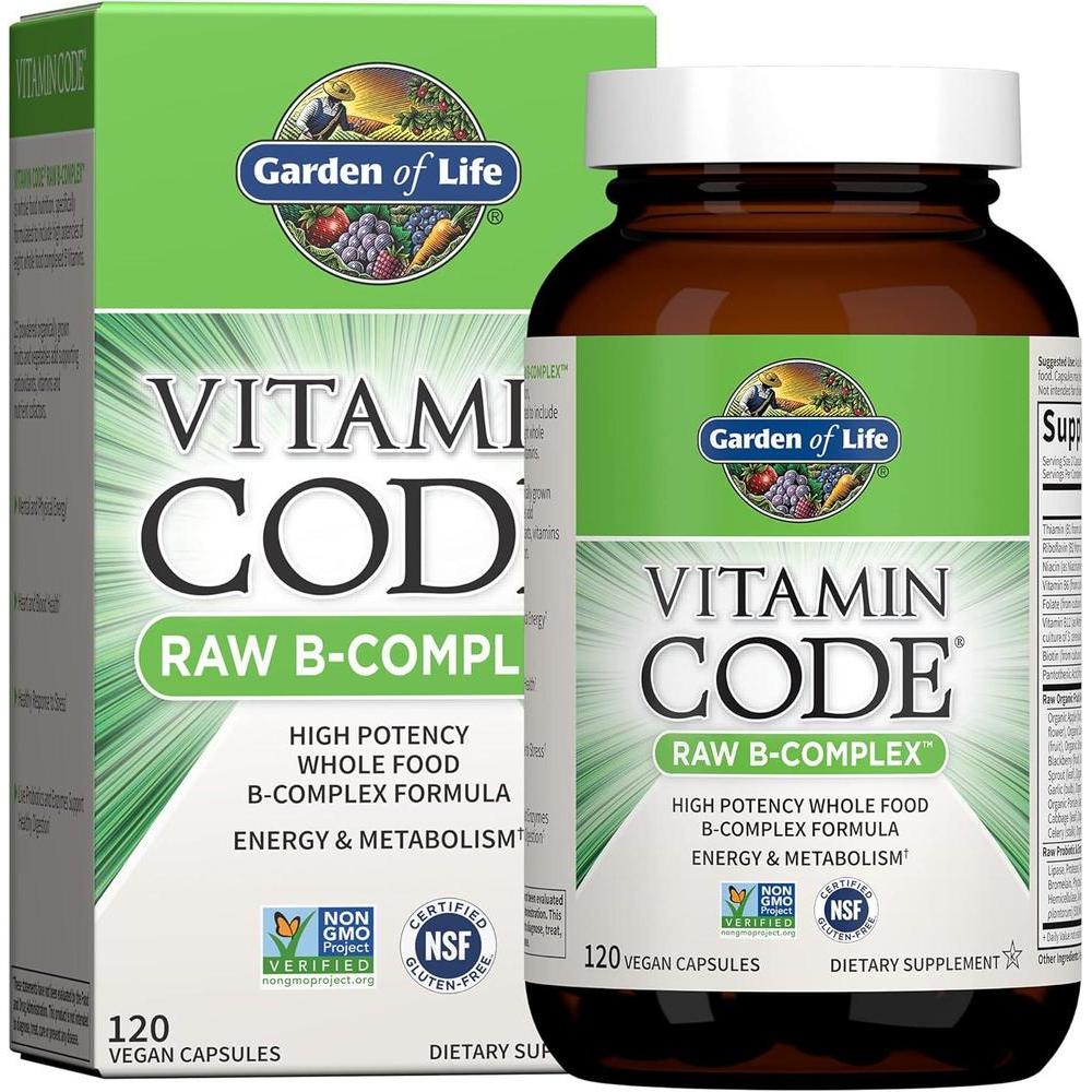 Garden of Life Complejo de vitamina B, 120 cápsulas veganas con probióticos, alta potencia B6, folato y B12 para energía