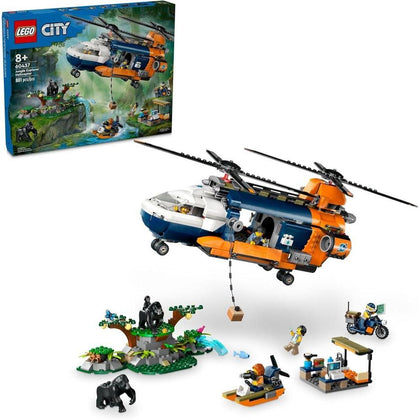 LEGO City Jungle Explorer, helicóptero de juguete en campamento base con 5 minifiguras y figuras de gorila, para niños de 8 años en adelante