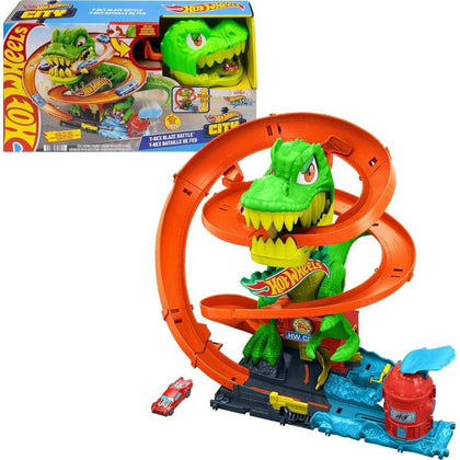 Hot Wheels Toy Car Track Set, City T-Rex Blaze Battle Playset & 1:64 Scale Die-Cast Vehicle with Spinning Dinosaur Eyes