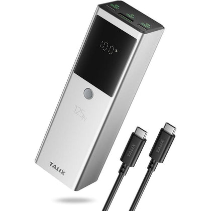 Banco de energía TALIX 125W, cargador portátil de 12800mAh con cable USB-C, tres puertos y carga rápida PD para diversos dispositivos