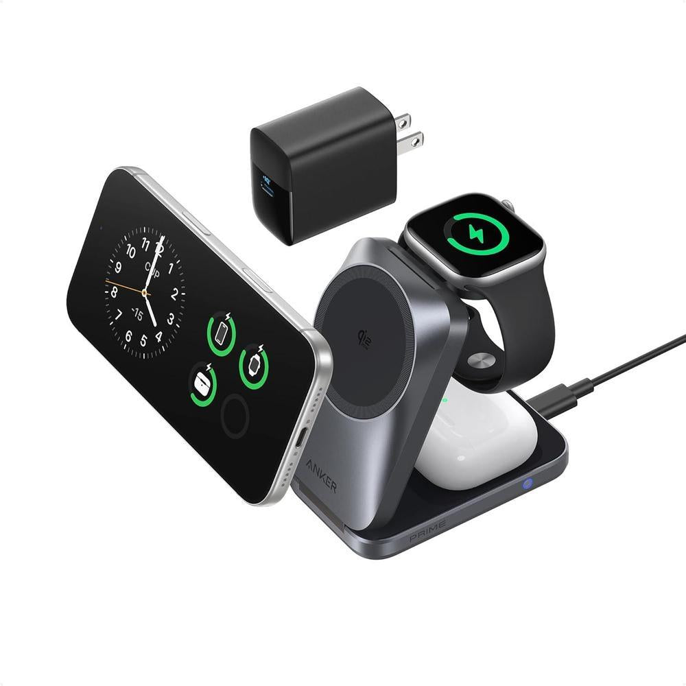 Estación de carga inalámbrica Anker Prime 3 en 1, soporte de cargador MagSafe, 25W para iPhone, Apple Watch, AirPods