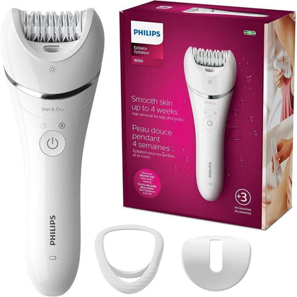 Philips Depiladora Serie 8000 para Mujer, eficiente con discos cerámicos y accesorios. Uso húmedo o seco