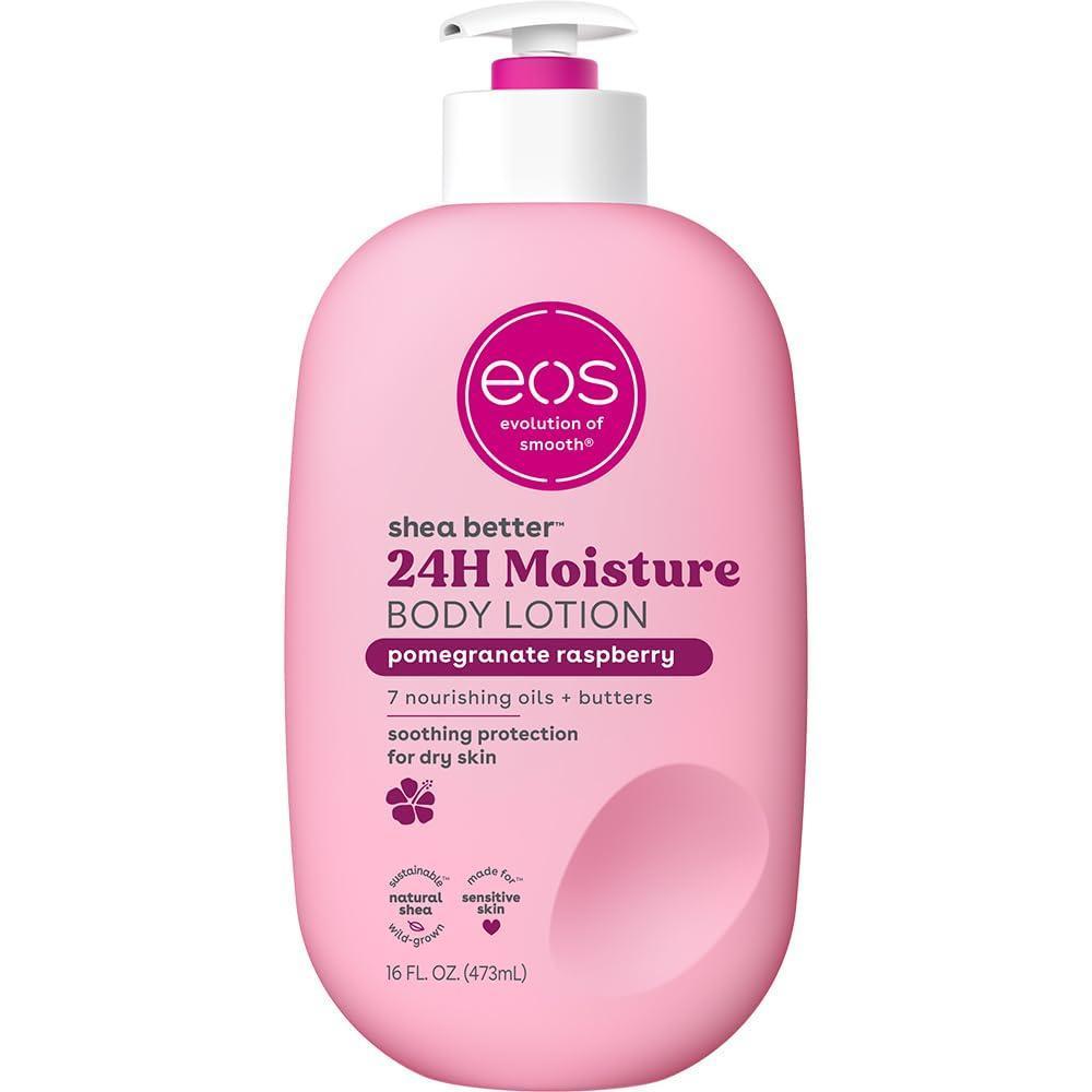 Eos Shea Better Loción corporal de granada frambuesa, cuidado de la piel las 24 horas, ligera y no grasosa, karité natural, vegano