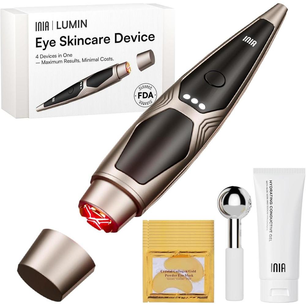 Dispositivo 4 en 1 de belleza con terapia de luz roja, calor, masaje y vibración para ojeras, hinchazón y reafirmar la piel