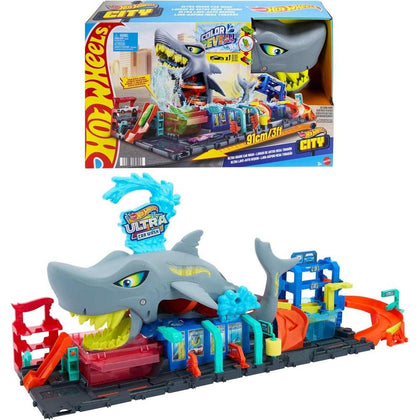 Set de pista Hot Wheels City con lavado de autos Shark Ultra, vehículo a escala 1:64 color cambiante y almacenamiento