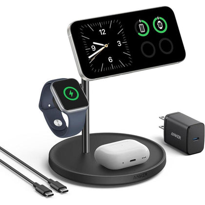 Anker MagGo Estación de Carga Inalámbrica 3 en 1 Compatible con MagSafe para iPhone, Apple Watch y AirPods, Certificación Qi2