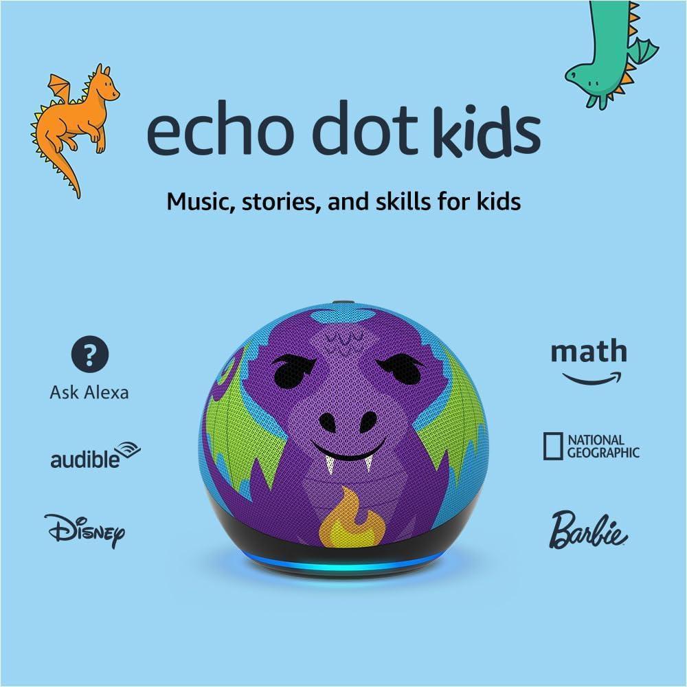 Echo Dot Kids con Alexa, modelo más reciente, diseñado para niños, incluye control parental y 1 año de Amazon Kids+