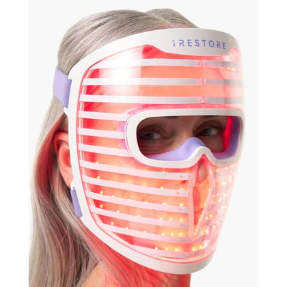 Máscara facial LED iRestore con terapia de luz roja, azul e infrarroja. Rejuvenece la piel y reduce arrugas, líneas finas y manchas oscuras