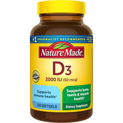 Nature Made Vitamina D3 2000 UI suplemento para el apoyo de salud ósea, dental, muscular e inmunológica, 250 cápsulas blandas