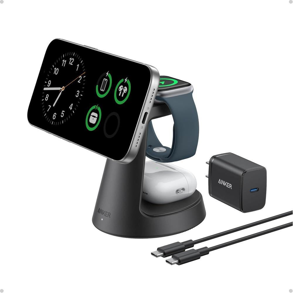 Anker MagSafe Cargador Compatible con iPhone 17/16/15/14, Apple Watch y AirPods, Estación de Carga 3 en 1 MagGo