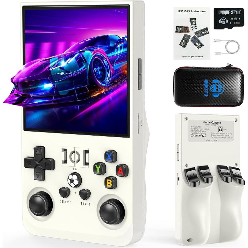 Consola de juegos retro portátil R36MAX con pantalla IPS HD, CPU 1.5 GHz y batería 4000 mAh, soporte para emuladores