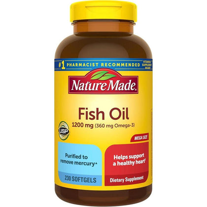 Nature Made Aceite de Pescado Omega 3, 1200 mg, Apoyo para el Corazón, 230 Cápsulas Blandas, Suministro 115 Días