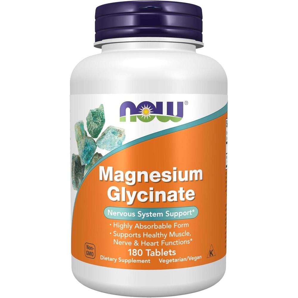 Suplemento de Magnesio Glicinato NOW Foods, Fórmula Altamente Absorbible, 180 Tabletas para Salud Muscular y Nerviosa