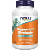 Suplemento de Magnesio Glicinato NOW Foods, Fórmula Altamente Absorbible, 180 Tabletas para Salud Muscular y Nerviosa