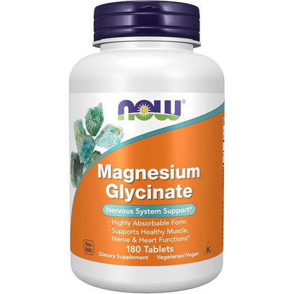 Suplemento de Magnesio Glicinato NOW Foods, Fórmula Altamente Absorbible, 180 Tabletas para Salud Muscular y Nerviosa