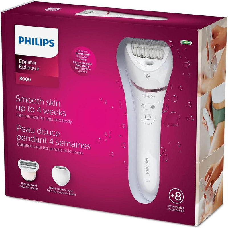Philips Depiladora Serie 8000, Húmedo y Seco 3 en 1, Accesorios Afeitadora y Recortadora para Mujeres, 8 Accesorios