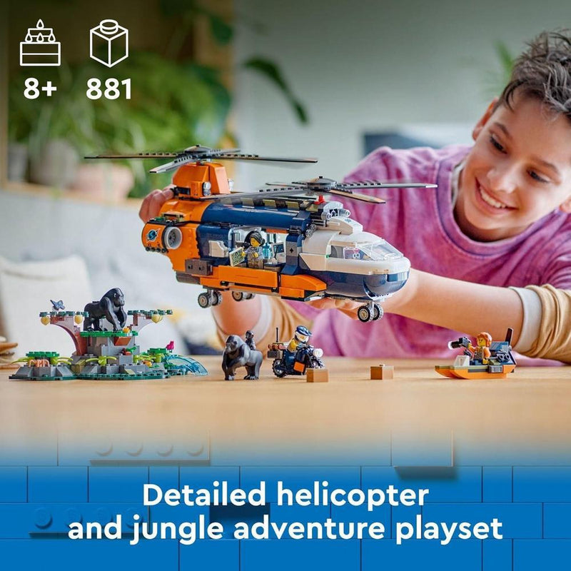 LEGO City Jungle Explorer, helicóptero de juguete en campamento base con 5 minifiguras y figuras de gorila, para niños de 8 años en adelante