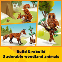 LEGO Creator 3 en 1 Animales del Bosque, construye un zorro, búho o ardilla, para niños a partir de 9 años